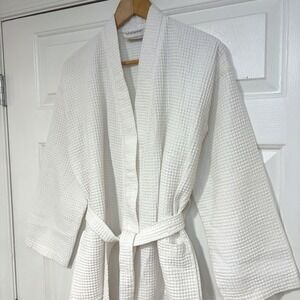 Chakir Turkish Linens Waffle Knit Robe Bathrobe White Unisex Size M Cotton Blend